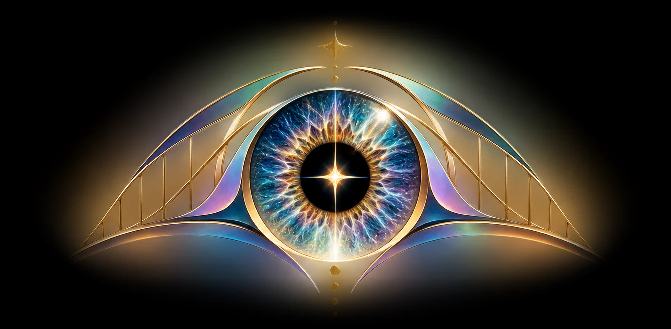 The IrisBridge emblem: a golden bridge arching over an iridescent eye with a star in its pupil